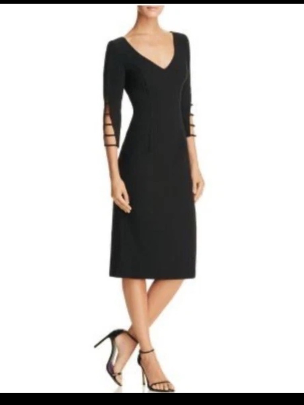 Black Halo V neck 3/4 sleeve midi black dress sz 8.